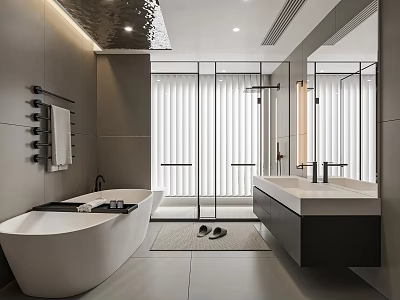 Modern Bathroom Interior With Freestanding Bathtub Glass Shower And Double Vanity Gray Tiles 3d model