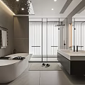 Modern Bathroom Interior With Freestanding Bathtub Glass Shower And Double Vanity Gray Tiles