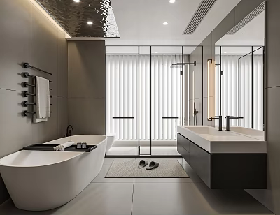 Modern Bathroom Interior With Freestanding Bathtub Glass Shower And Double Vanity Gray Tiles 3d model