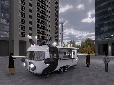 Modern Food Truck Parked On Urban Street With Pedestrians And Buildings 3d model
