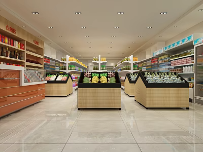 Spacious Supermarket Interior With Arranged Shelves Fruit Display Counters Various Products And Bright Lighting 3d model