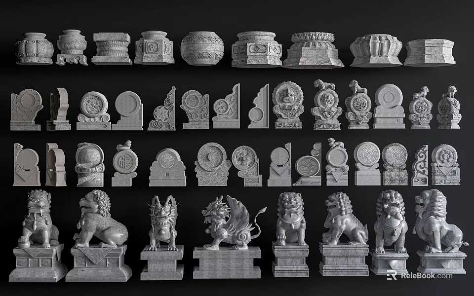 Traditional Stone Sculpture Carvings With Lion Statues Various Shapes And Decorative Designs 3d model 