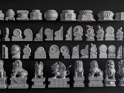 Traditional Stone Sculpture Carvings With Lion Statues Various Shapes And Decorative Designs 3d model