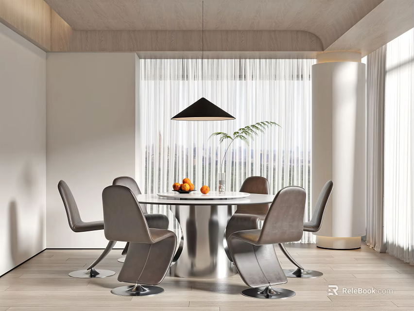 Modern Restaurant Interior With Round Table Gray Chairs Oranges And Black Pendant Light 3d model