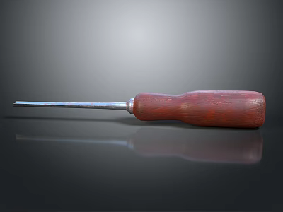 Screwdriver With Red Wooden Handle And Metal Shaft On Reflective Surface 3d model