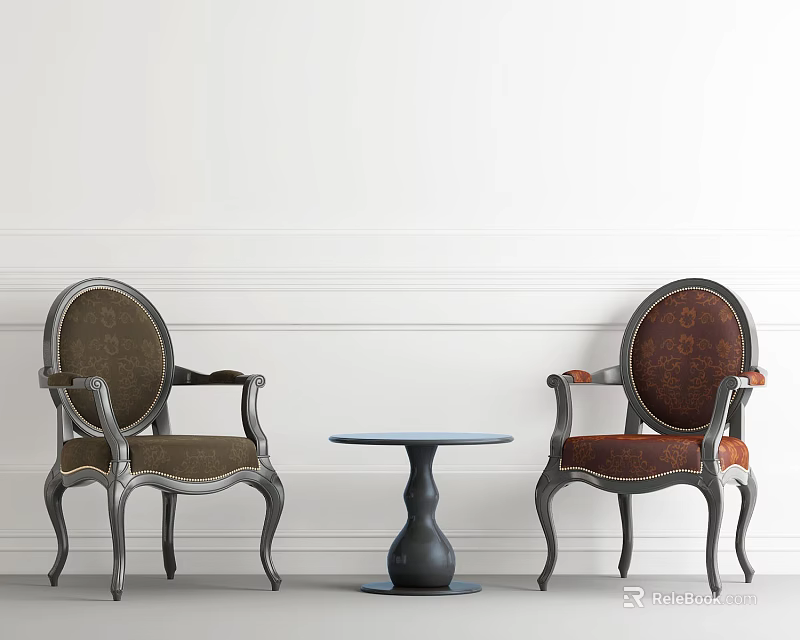 Lounge Armchair Set Featuring Dark Frames Different Colored Cushions And Round Black Coffee Table 3d model