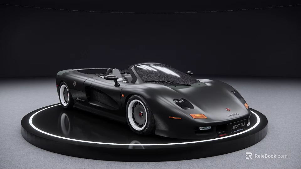 Black Convertible Sports Car With Shiny Exterior On Circular Display Platform 3d model 