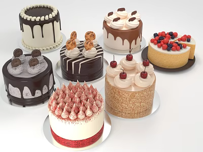 Assorted Decorated Cakes With Chocolate Drizzle Strawberry Toppings Cream Layers And Cherry Decorations 3d model