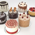 Assorted Decorated Cakes With Chocolate Drizzle Strawberry Toppings Cream Layers And Cherry Decorations
