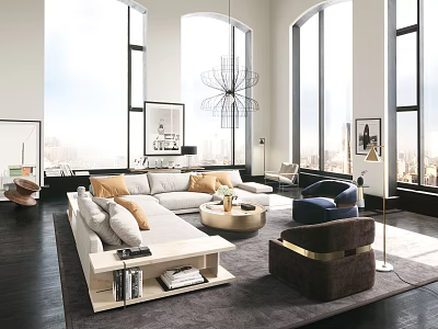 Modern Living Room Interior With Sofa Coffee Table Set Pillows Blue Armchair And Large Windows 3d model