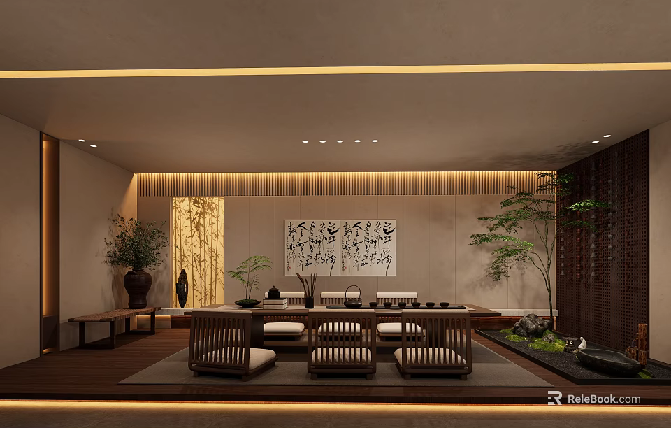Traditional Chinese Tea House Interior With Wooden Furniture Calligraphy Painting And Green Plants 3d model 