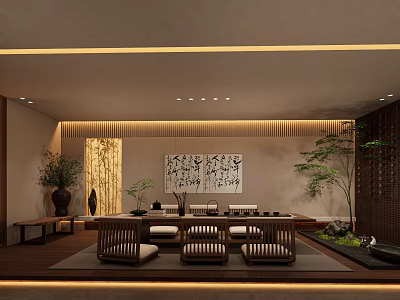Traditional Chinese Tea House Interior With Wooden Furniture Calligraphy Painting And Green Plants 3d model