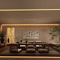 Traditional Chinese Tea House Interior With Wooden Furniture Calligraphy Painting And Green Plants