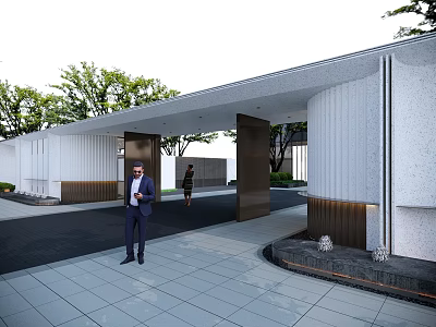 Modern Entrance Gate Architectural Design With White Walls Metal Frames Stone Paved Ground And Greenery 3d model