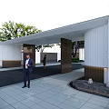 Modern Entrance Gate Architectural Design With White Walls Metal Frames Stone Paved Ground And Greenery