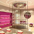 Modern Elegant Boutique Interior With Circular Light Strip Ceiling Pink Curved Shelves White Sofa And Mirrors