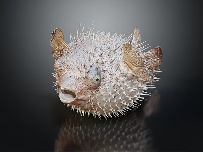 Aquatic Pufferfish With Spiky Exterior And Prominent Eyes On Reflective Surface 3d model