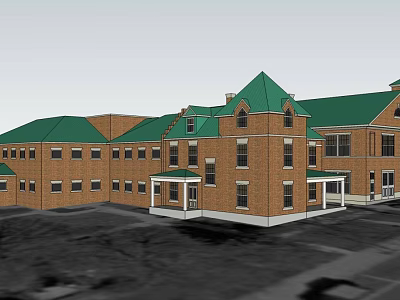 Traditional Red Brick Office Building With Green Roof Multiple Windows And Porches 3d model