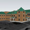 Traditional Red Brick Office Building With Green Roof Multiple Windows And Porches