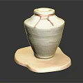 White Ceramic Jar With Red Ribbon On Irregular Wooden Base Against Dark Background