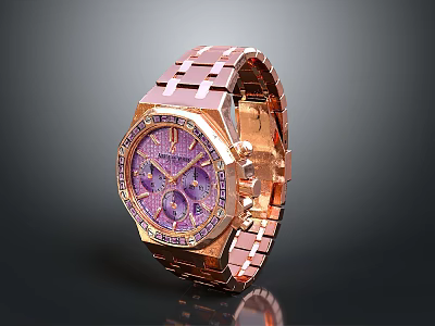 Elegant Luxury Rose Gold Watch Featuring Purple Dial And Diamond Inlaid Strap 3d model