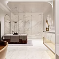 Luxurious SPA Sauna Room With Modern Design Marble Floor Copper Bathtub And Soft Towels