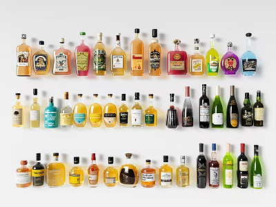 Various Alcohol Bottles With Different Colors Sizes And Types Arranged In Rows 3d model