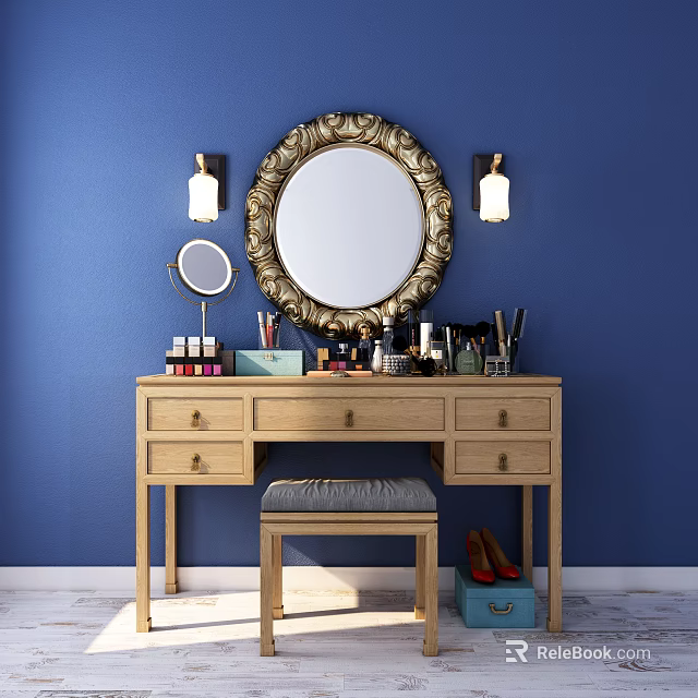 Wooden Dressing Table with Ornate Gold Mirror Wall Sconces Cosmetics and Stool on Blue Wall 3d model 