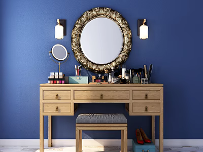 Wooden Dressing Table with Ornate Gold Mirror Wall Sconces Cosmetics and Stool on Blue Wall 3d model