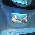 Futuristic Interior Scene With Blue Underwater Background Water Column Installation And Digital Screens