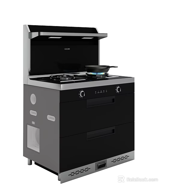 Modern Kitchen Appliance Integrated Gas Stove Range Hood Black Silver Design With Storage Drawers 3d model 