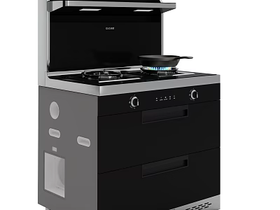 Modern Kitchen Appliance Integrated Gas Stove Range Hood Black Silver Design With Storage Drawers 3d model