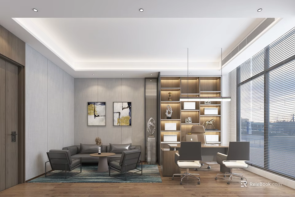 Modern Office Interior With Sofa Coffee Table Bookshelf Large Windows And Artworks 3d model 