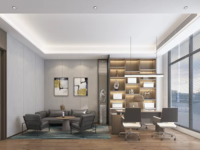 Modern Office Interior With Sofa Coffee Table Bookshelf Large Windows And Artworks 3d model