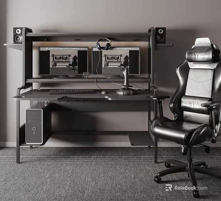 Modern Gaming Desk And Chair Set With Dual Monitors Headphones And Computer Tower 3d model 