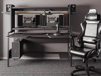 Modern Gaming Desk And Chair Set With Dual Monitors Headphones And Computer Tower 3d model