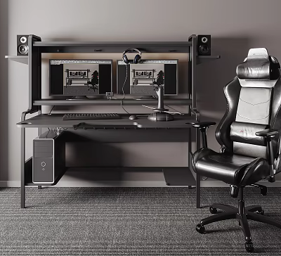 Modern Gaming Desk And Chair Set With Dual Monitors Headphones And Computer Tower 3d model