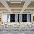 Modern School Classroom Interior With Smart Board Student Desks Bookshelves And Wooden Ceiling