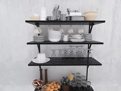Organized Dinnerware Set Display on Black Shelves With Plates Bowls Cups Wine Glasses and Teapots 3d model