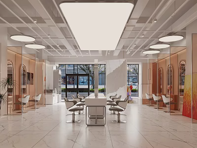 Modern Spacious Bright Beauty Salon Interior with Marble Flooring Mirrors and Tables Chairs 3d model