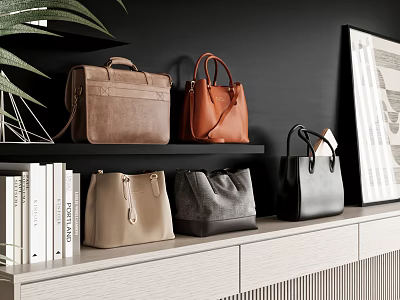 Stylish Bags Displayed On Shelves And Cabinet In Modern Interior 3d model