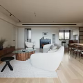 Modern Living Dining Room Interior With Open Concept Sofa Wooden Coffee Table And Dining Chairs