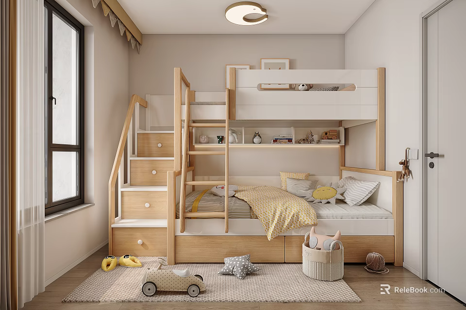 Cozy Kids Room with Wooden Bunk Bed Stairs Drawers Soft Rug Playful Toys and Window 3d model 