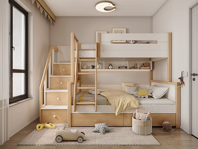 Cozy Kids Room with Wooden Bunk Bed Stairs Drawers Soft Rug Playful Toys and Window 3d model