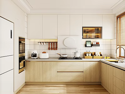 Modern Minimalist Kitchen Interior With White Cabinets Wooden Countertops And Appliances 3d model