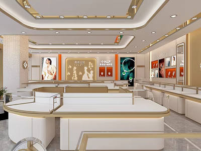 Elegant Jewelry Store Interior Design With White Display Counters And Ceiling Lighting 3d model