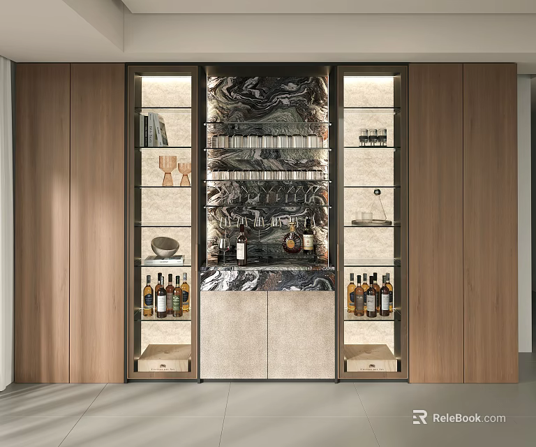 Modern Wine Cabinet Interior With Wooden Cabinetry Marble Accent And Glassware Display Shelves 3d model 