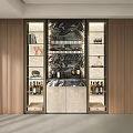 Modern Wine Cabinet Interior With Wooden Cabinetry Marble Accent And Glassware Display Shelves