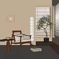 Comfortable Wooden Leisure Chair With Light Cushion Side Table Green Plant And Beige Wall