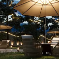 Restaurant Outdoor Dining Area With String Lights Trees And Umbrella Seating 3d model